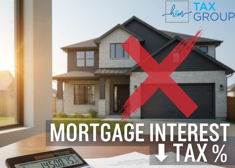 Homeowner calculating mortgage interest tax with financial documents and calculator, guided by H&M Tax Group for accurate tax deductions and planning.