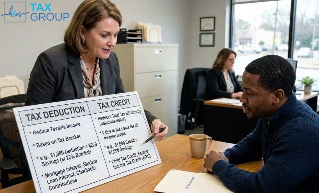 Tax Expert Explaining Difference Between Tax Deduction and Tax Credit - H&M Tax Group